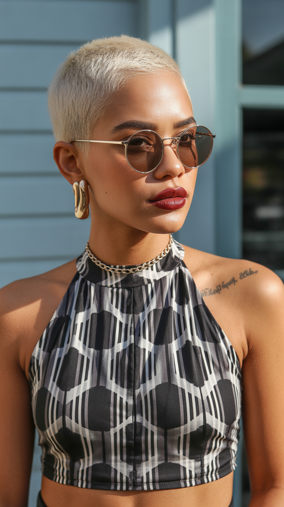 stylish short haircuts 2026 bright blonde buzzcut with sunlit glow