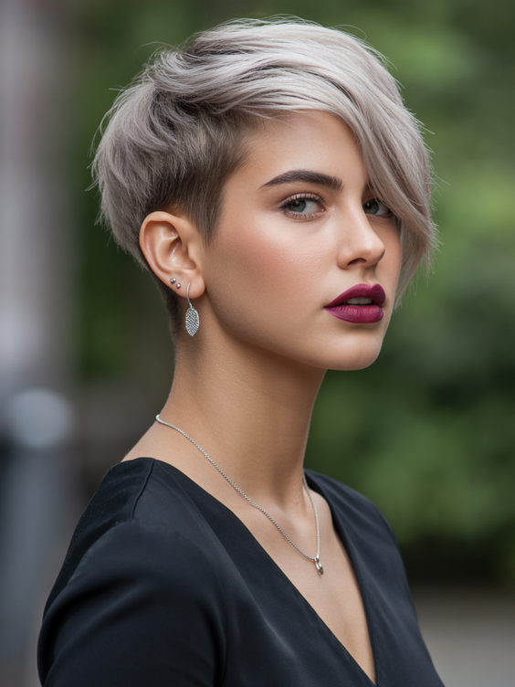 stylish short haircuts 2026 long silver sweep pixie with sculpted side volume
