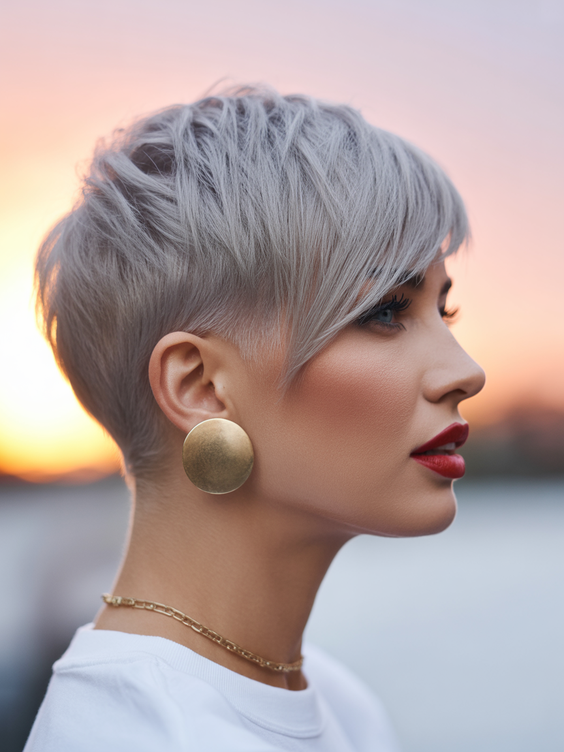 stylish short haircuts 2026 refined gray pixie with clean side contour