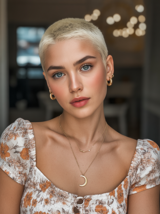 stylish short haircuts 2026 creamy blonde buzzcut with soft feminine glow