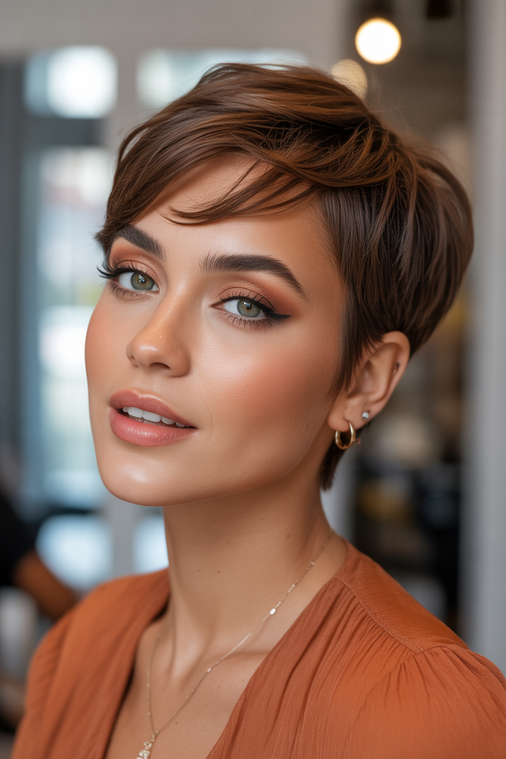 stylish short haircuts 2026 soft cocoa pixie with sweeping feathered bangs