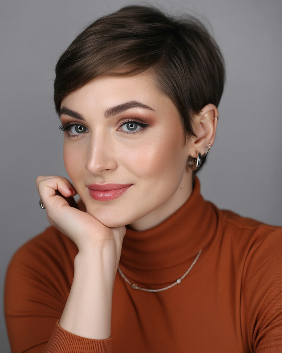 stylish short haircuts 2026 classic tapered brunette pixie with clean silhouette