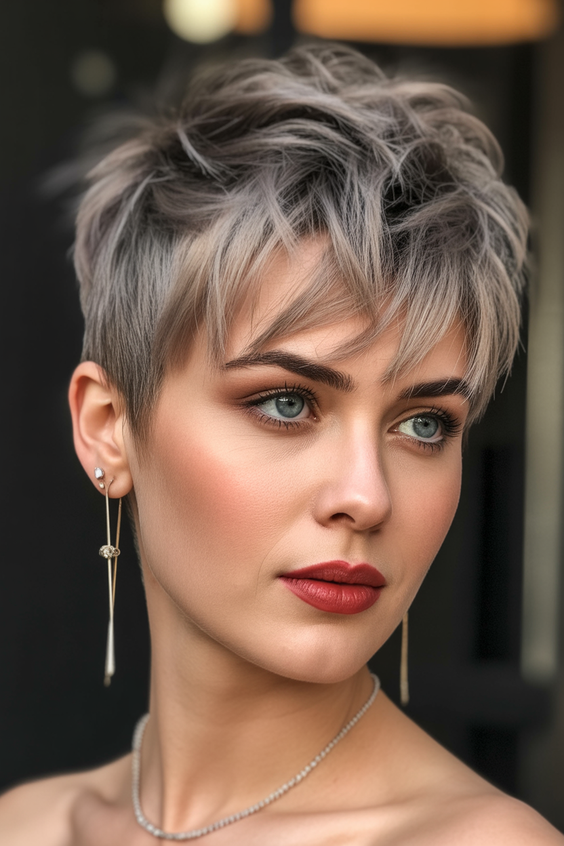 stylish short haircuts 2026 silver smoky pixie with layered dimension
