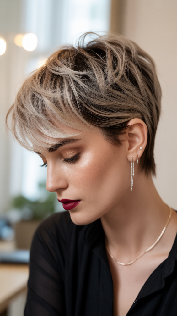 stylish short haircuts 2026 soft ash pixie with feathered crown movement