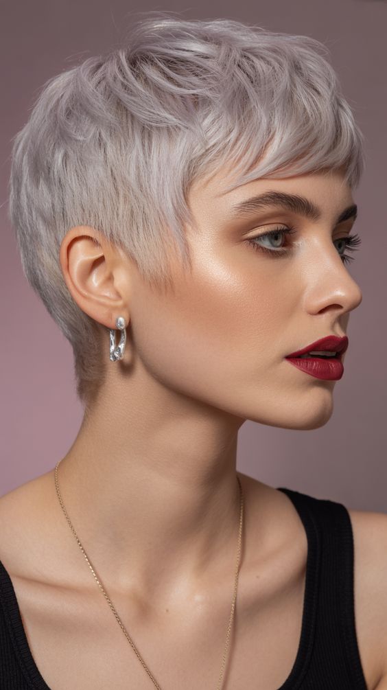 stylish short haircuts 2026 icy lilac micro pixie with polished shaping