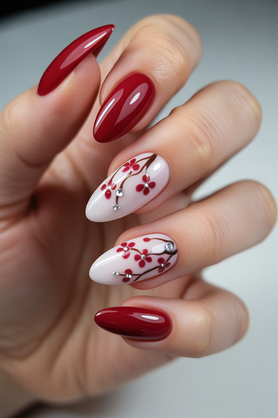 super cute nails 2026 cherry blossom romance on almond nails