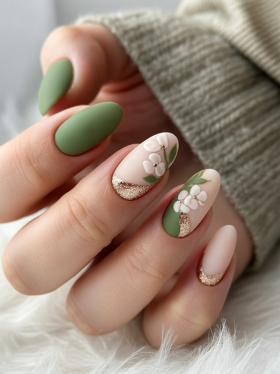 super cute nails 2026 soft olive florals gold tips