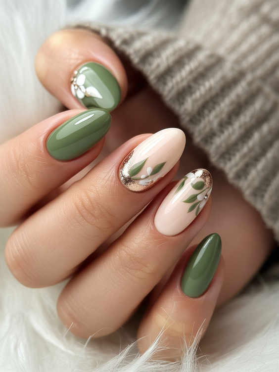 super cute nails 2026 glossy green botanical design