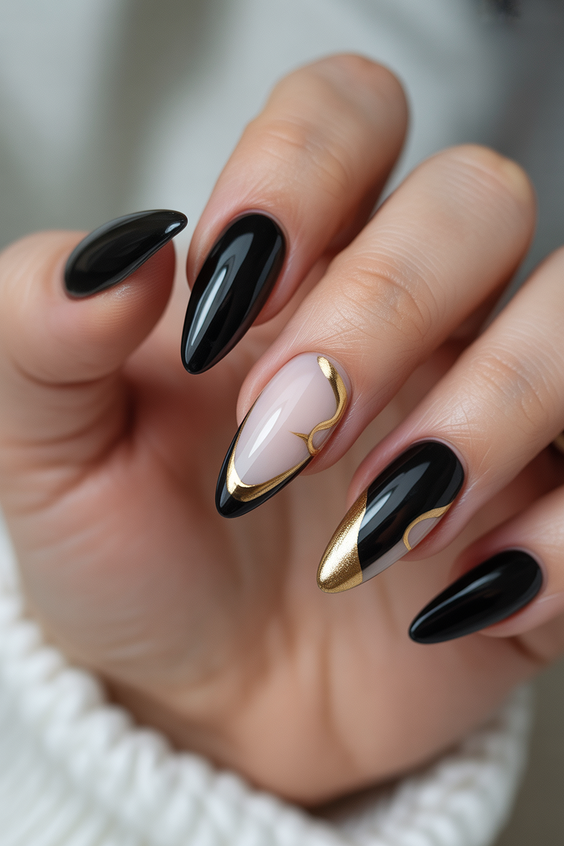 super cute nails 2026 black nude gold line art