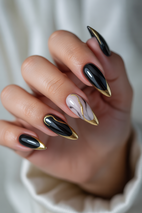 super cute nails 2026 black gold almond tips