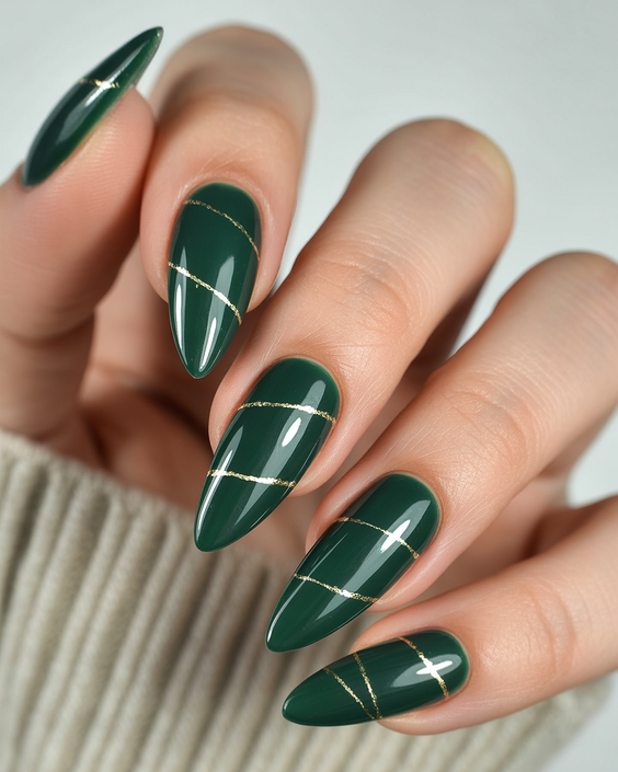 super cute nails 2026 emerald green gold lines