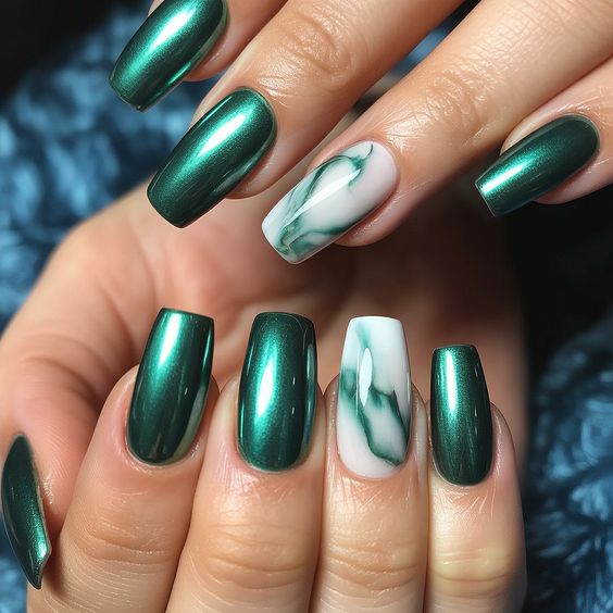 super cute nails 2026 metallic green marble accent