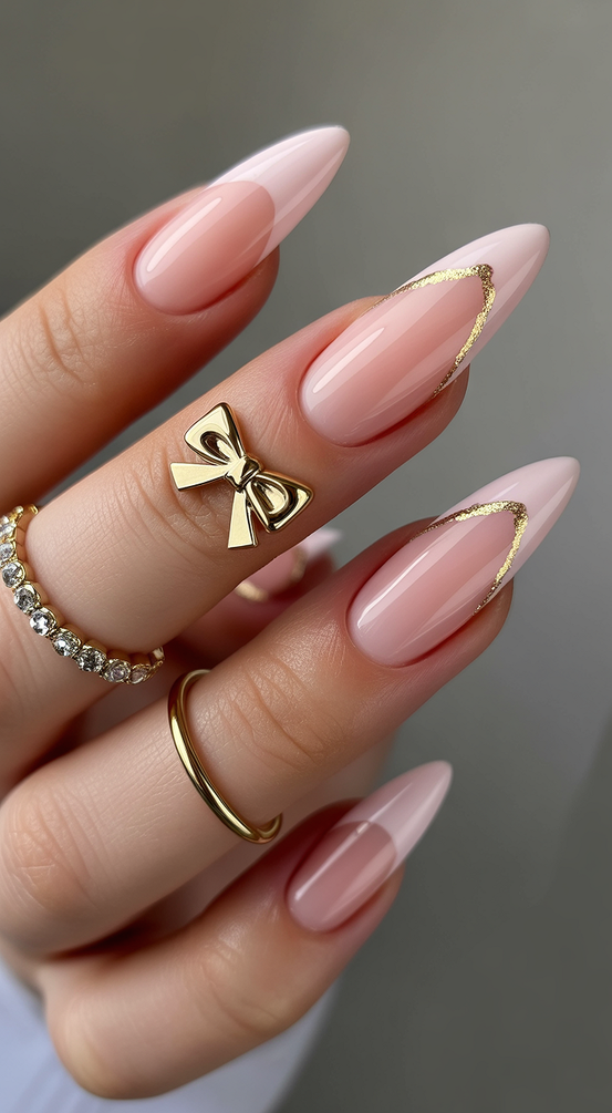 super cute nails 2026 blush almond gold bow