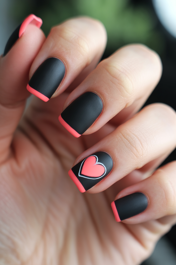 super cute nails 2026 matte black neon heart accents