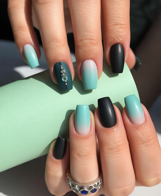 super cute nails 2026 mint ombre matte black