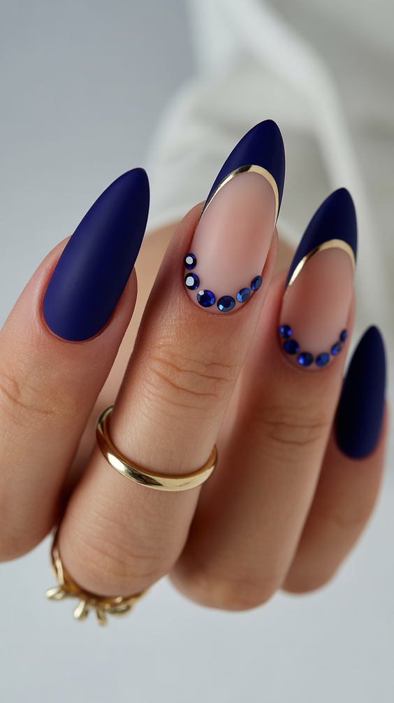 super cute nails 2026 navy french crystal details