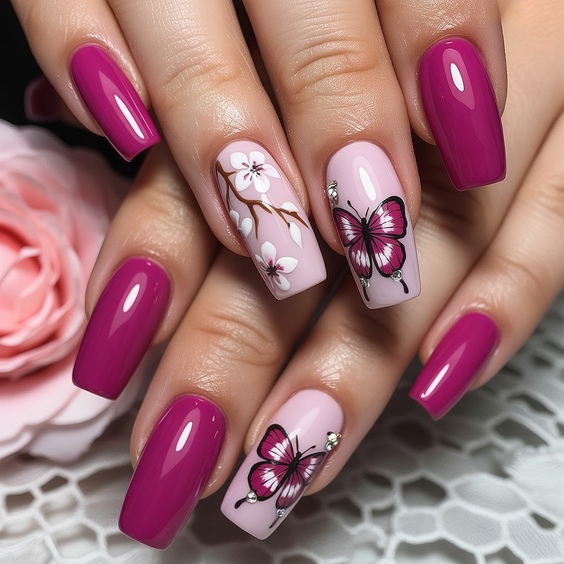 super cute nails 2026 pink butterfly art design