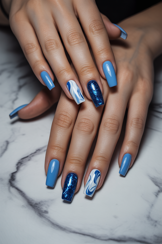 super cute nails 2026 soft blue geometry glossy