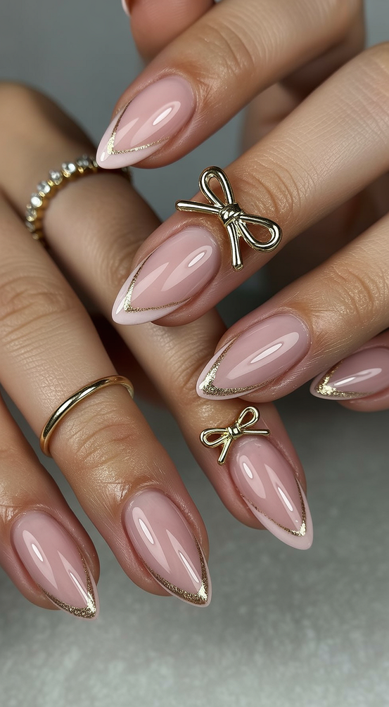 super cute nails 2026 blush nude gold bow almond