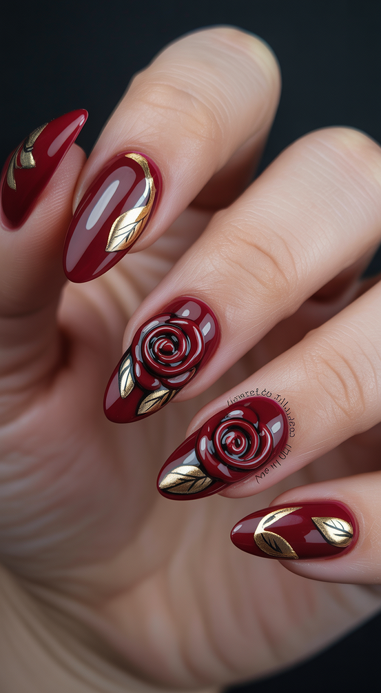 super cute nails 2026 burgundy rose metallic art