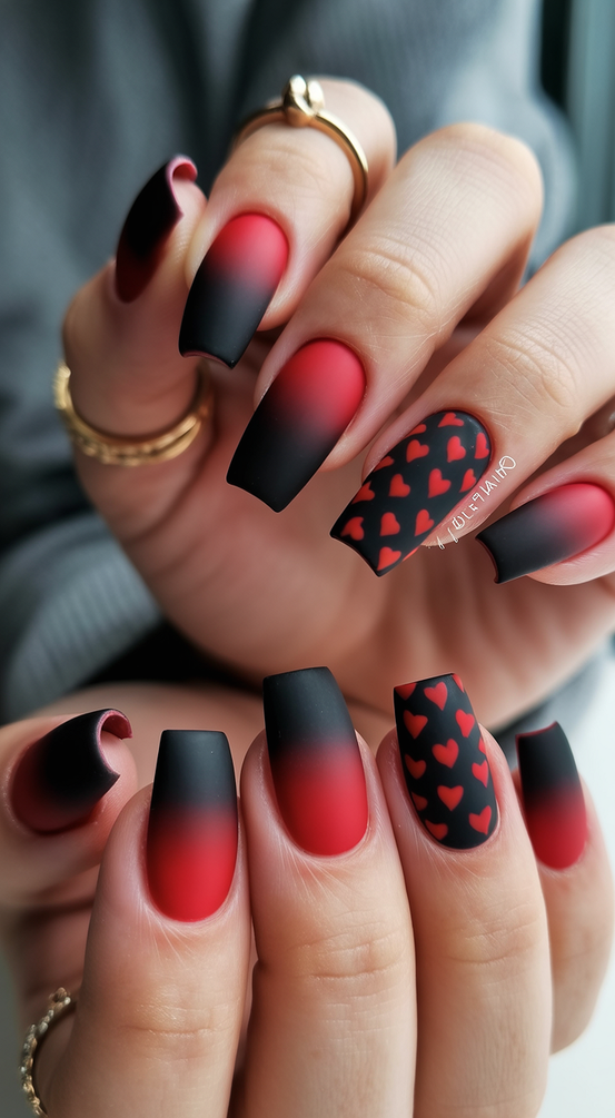 super cute nails 2026 black red ombre hearts