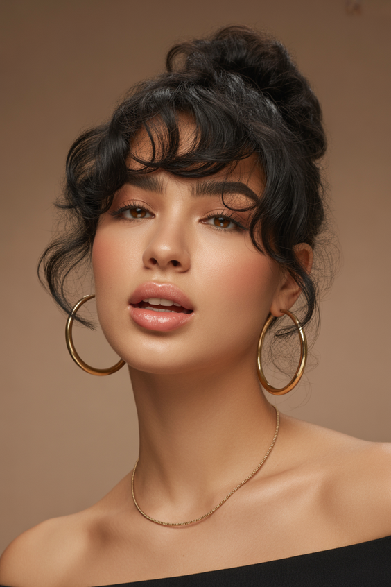 trendy haircuts 2026 soft updo with bangs