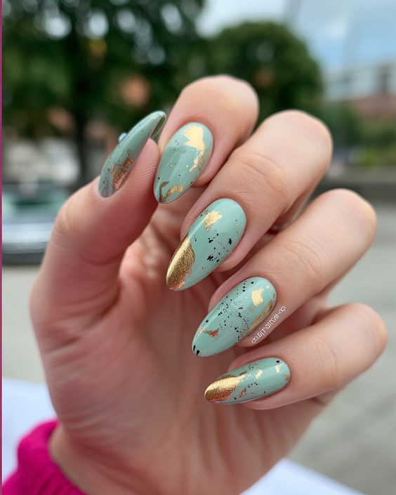 trendy birthday nails 2026 Soft Mint Almond Nails With Gold Foil Accents