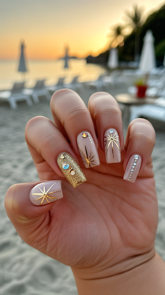 trendy birthday nails 2026 Beachy Nude And Gold Nails With Starburst Art