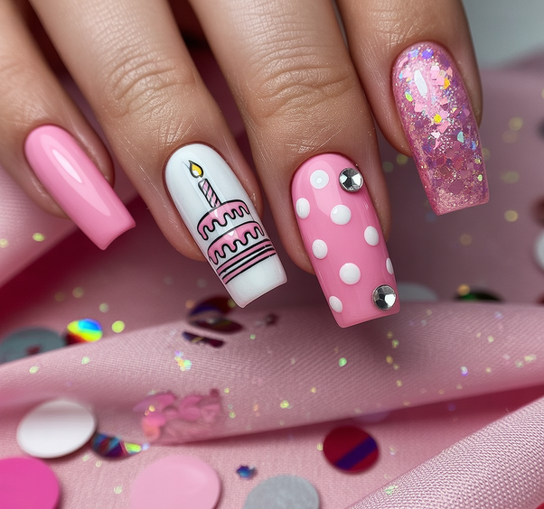 trendy birthday nails 2026 Pink Birthday Cake Nails With Polka Dots And Glitter Accents