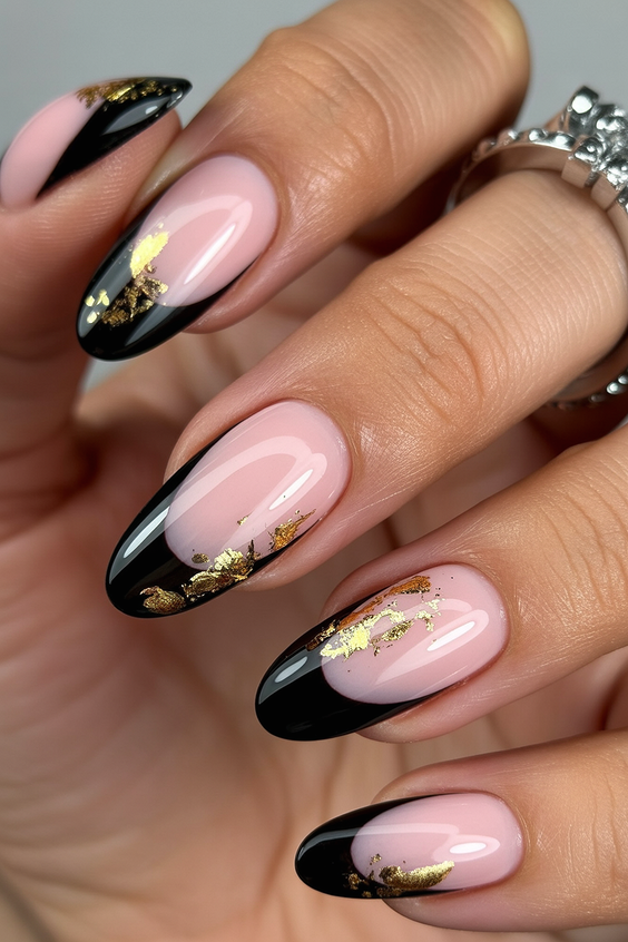 trendy birthday nails 2026 Black French Almond Nails With Soft Pink Base And Gold Foil
