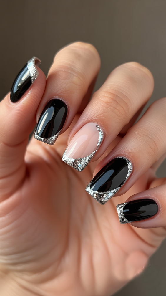 trendy birthday nails 2026 Black And Nude Square Nails With Silver Crystal Tips
