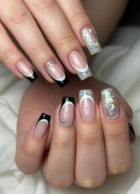 trendy birthday nails 2026 Classic French Square Nails With Glitter Accents