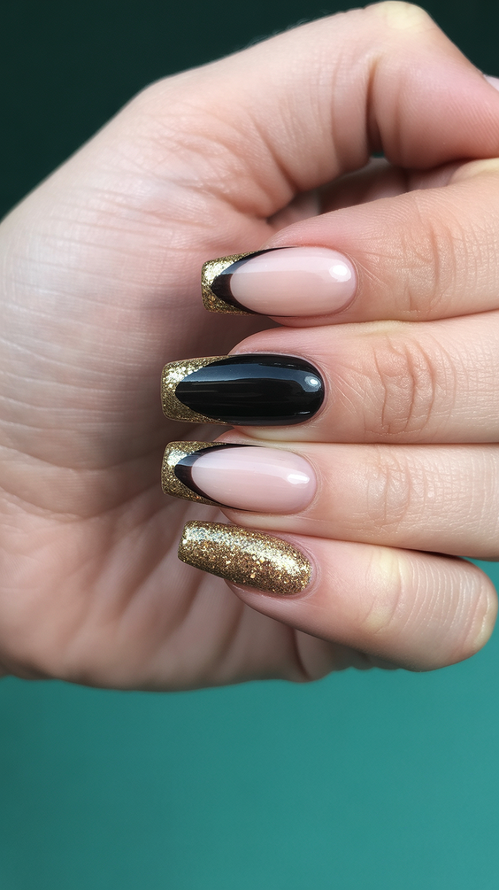 trendy birthday nails 2026 Black And Nude Almond Nails With Gold French Accents