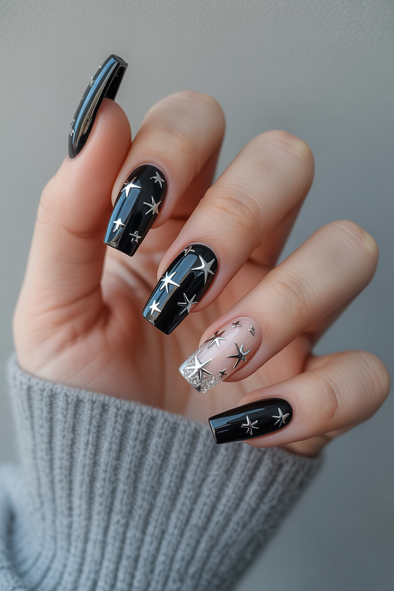 trendy birthday nails 2026 Black Coffin Nails With Silver Star Art