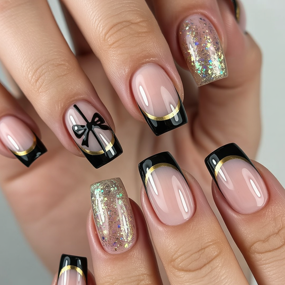 trendy birthday nails 2026 Glossy Black French With Bow And Glitter Details