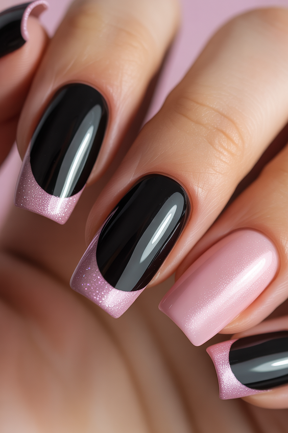 trendy birthday nails 2026 Black And Pink Square Nails With Glitter French Tips