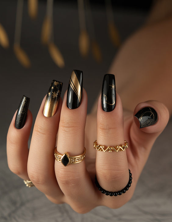 trendy birthday nails 2026 Black And Gold Statement Coffin Nails