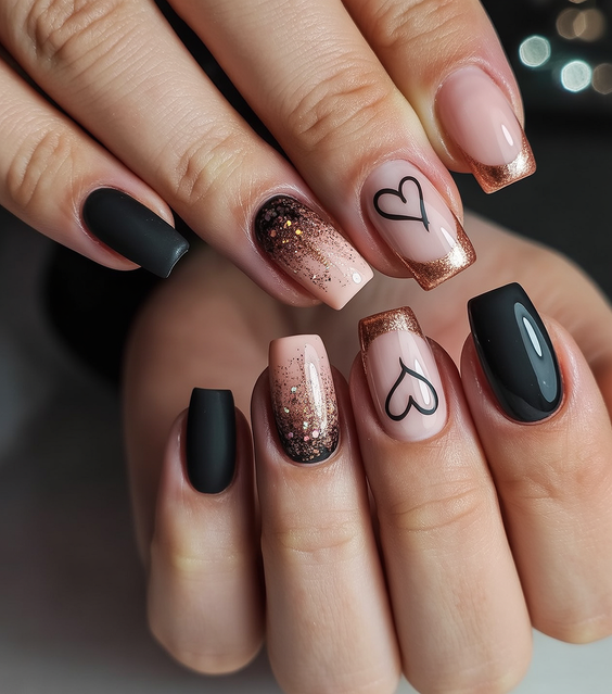 trendy birthday nails 2026 Matte Black And Nude With Heart Details