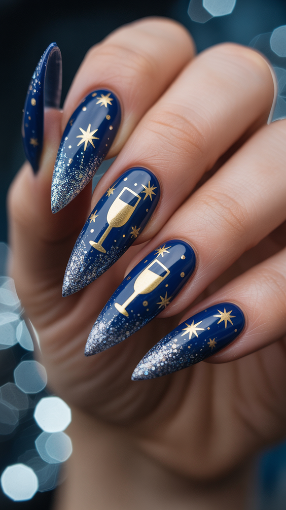 trendy birthday nails 2026 Navy Blue Almond Nails With Gold Star Art