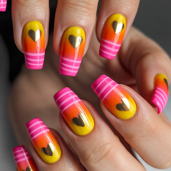 trendy birthday nails 2026 Bold Ombre Square Nails With Gold Heart Accents