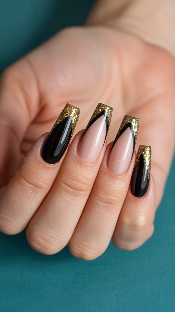 trendy birthday nails 2026 Black And Nude Geometric Nails With Gold Glitter Edges