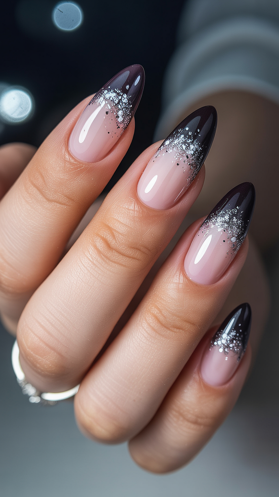 trendy birthday nails 2026 Soft Almond Nails With Dark Tips And Silver Sparkle Fade