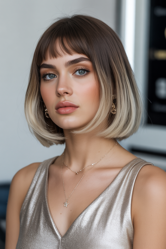 bob haircut 2026 Soft Blonde Ombre Bob With Mini Bangs