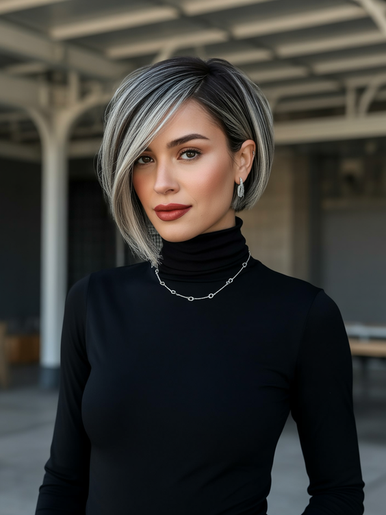 bob haircut 2026 Silver Blonde Angled Bob With Dark Root