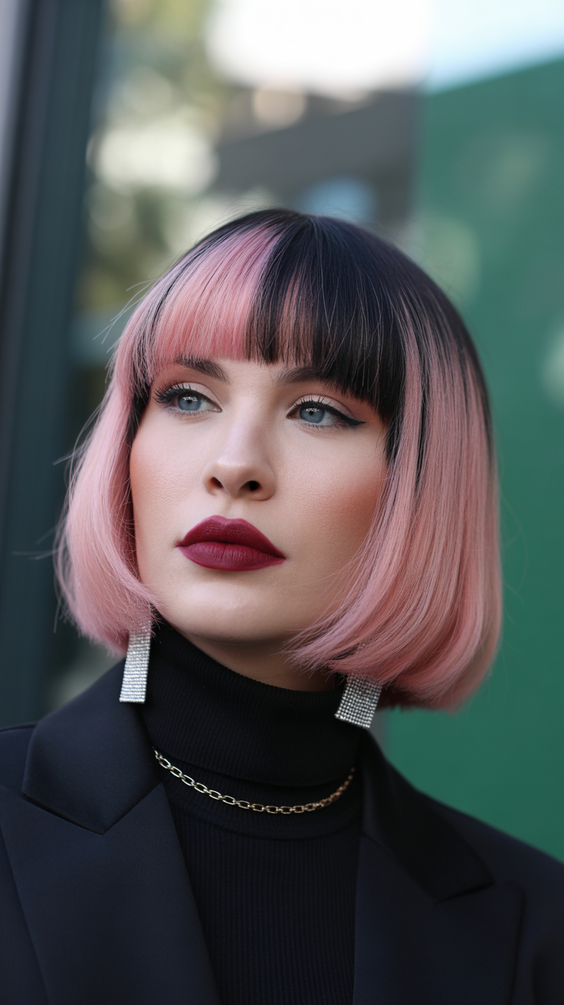 bob haircut 2026 Pink and Black Luxe Bob With Heavy Bangs
