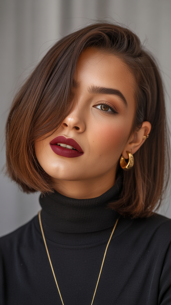 bob haircut 2026 Deep Brunette Side Part Bob