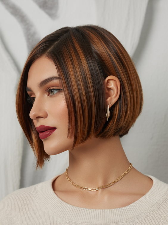 trendy bob hairstyles 2026 caramel stripe precision bob