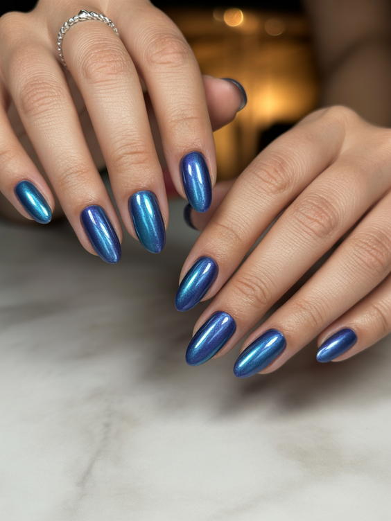 trendy cat eye nails 2026 Metallic Blue Cat Eye Nails With a High Shine Finish
