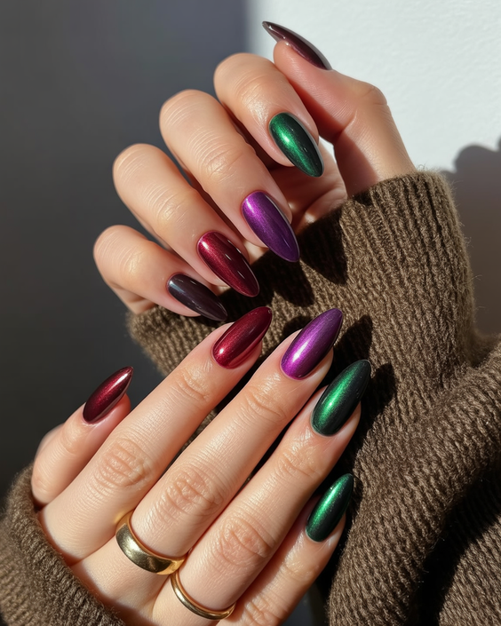 trendy cat eye nails 2026 Multi-Tone Burgundy Green Purple Design