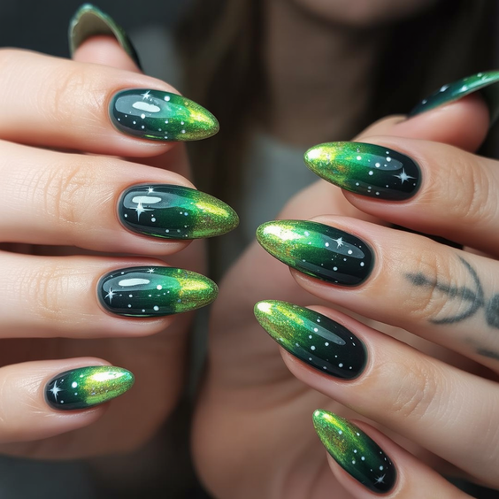 trendy cat eye nails 2026 Green Galaxy Star Art